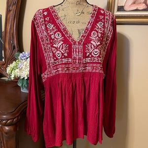 Knox Rose Red Boho Embroidered Top XL NWT!